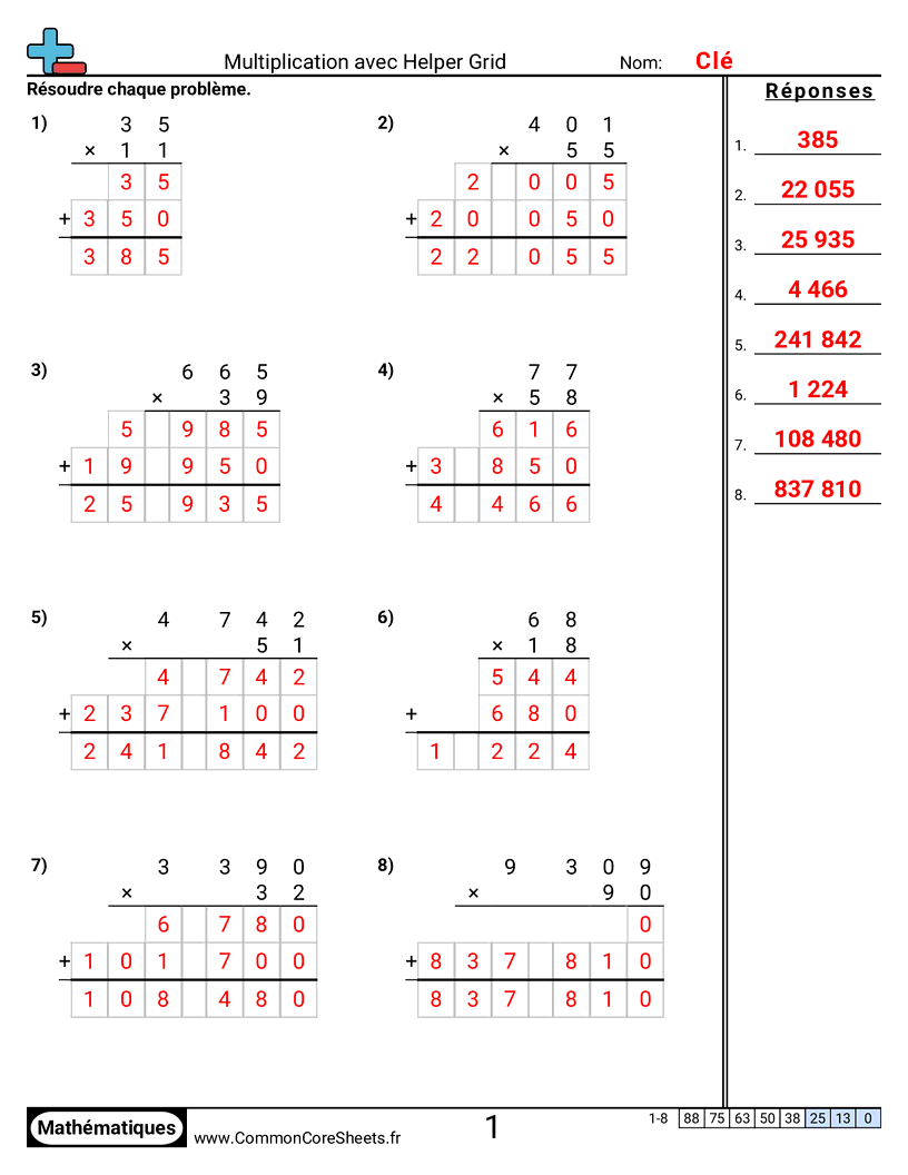4th Grade Fiches d'Exercices de Multiplications - multiplication-avec-grille-daide worksheet
