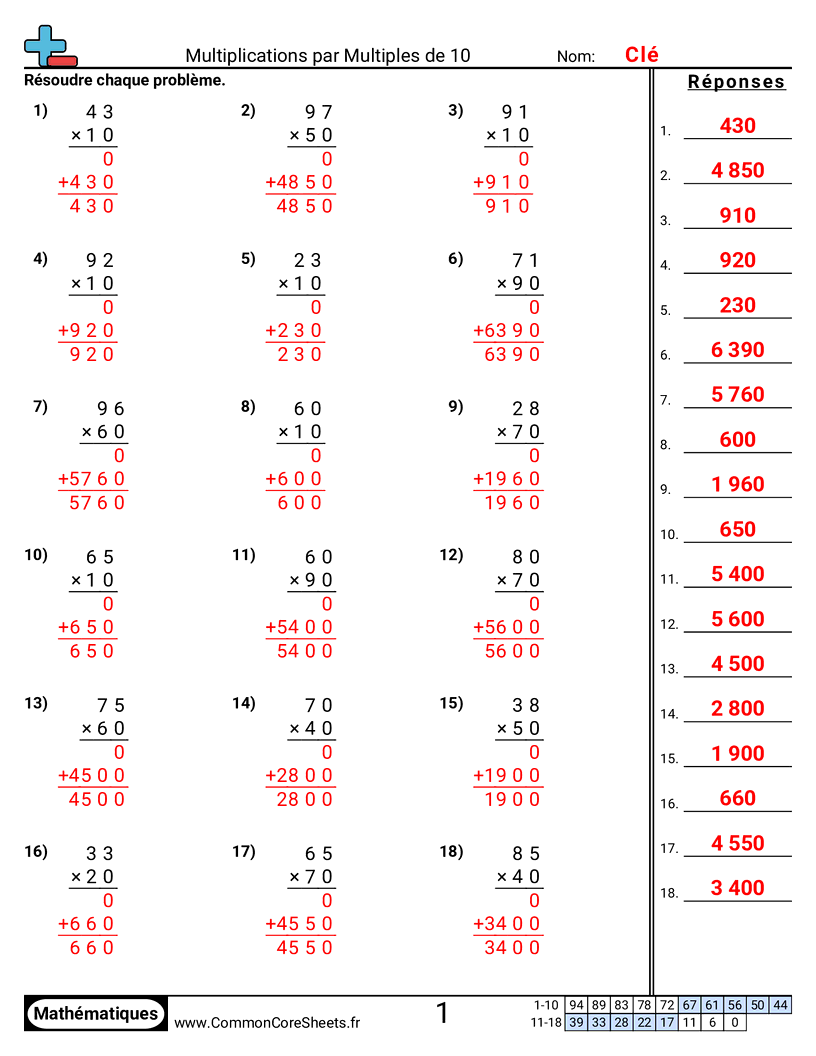 4th Grade Fiches d'Exercices de Multiplications - multiplier-par-10 worksheet