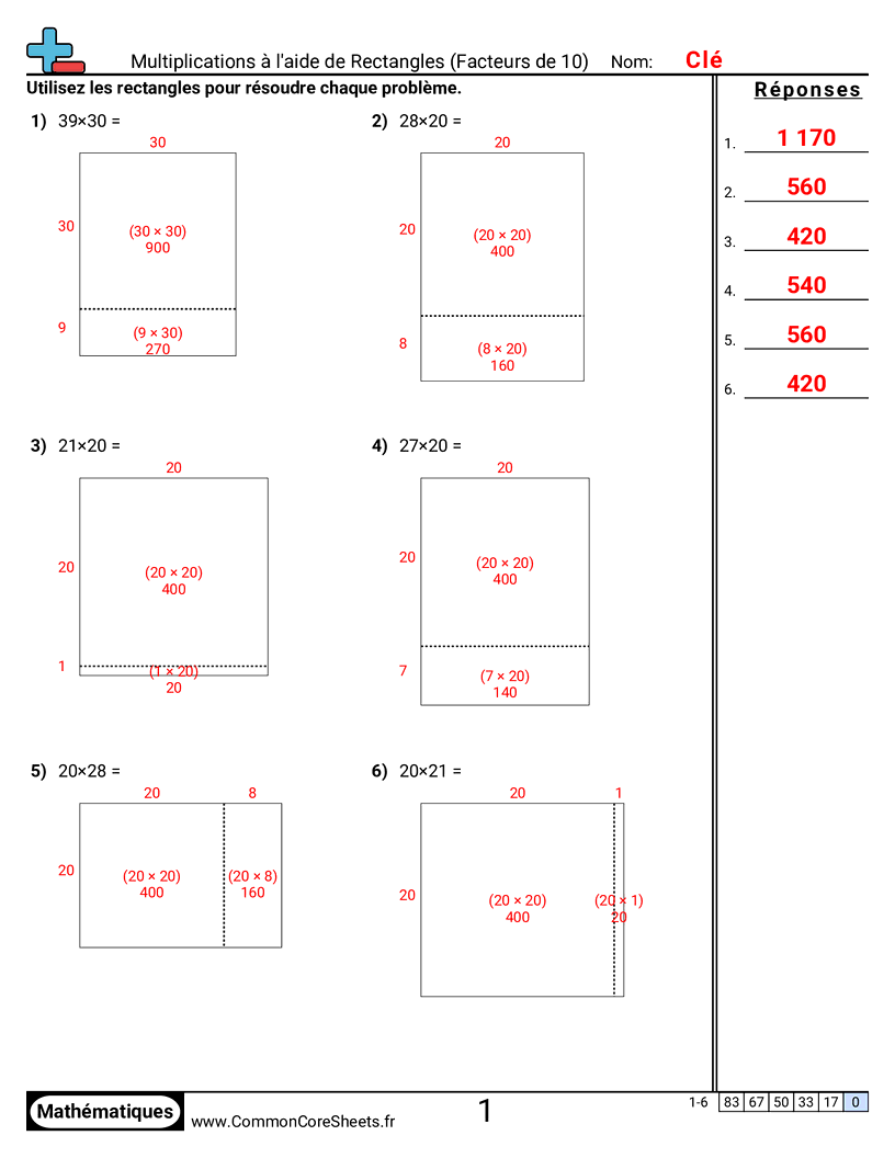 4th Grade Fiches d'Exercices de Multiplications - multiplier-en-utilisant-des-tableaux-facteurs-de-10 worksheet