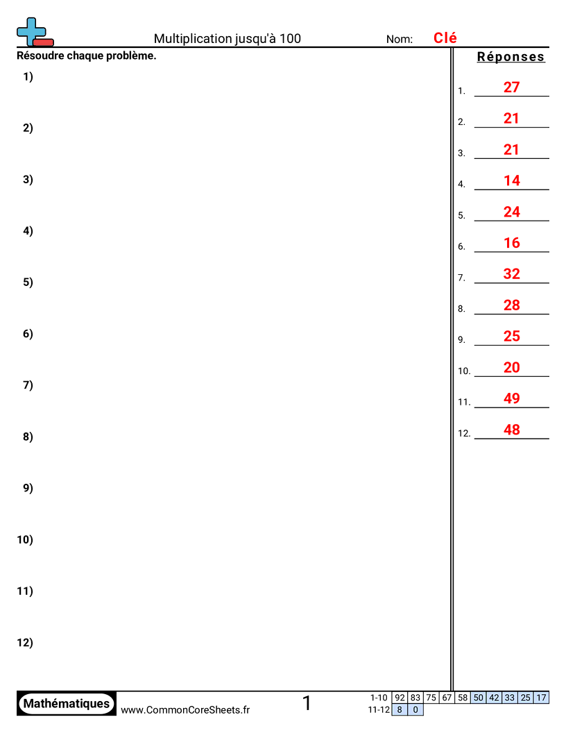3rd Grade Fiches d'Exercices de Multiplications - problemes-de-multiplication-jusqua-100 worksheet