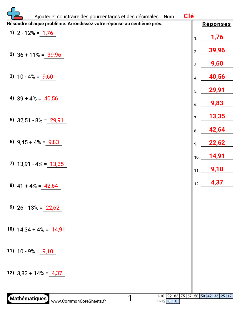 Fiches d'Exercices sur les Pourcentages - additionner-et-soustraire-des-pourcentages-et-des-decimaux worksheet