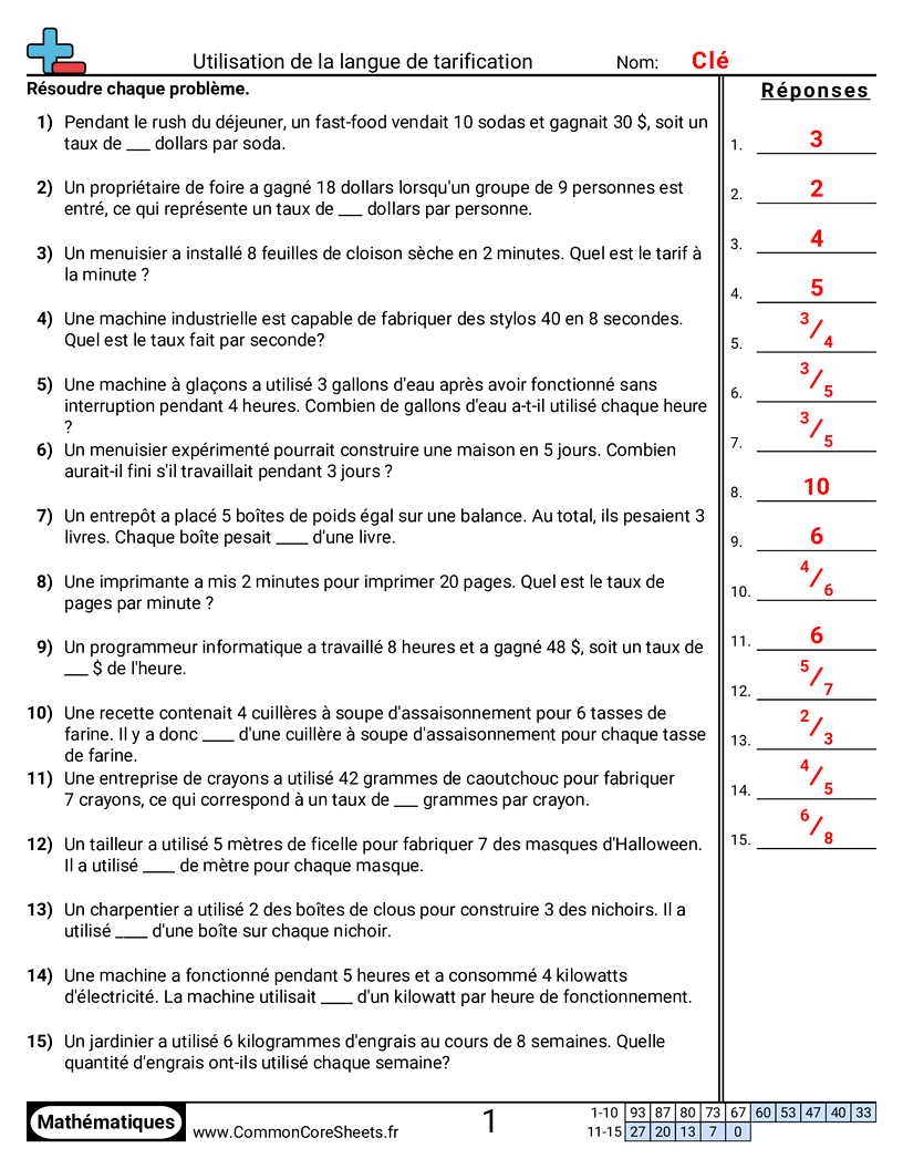 Fiches d'Exercices sur les Ratios - Langage du taux worksheet