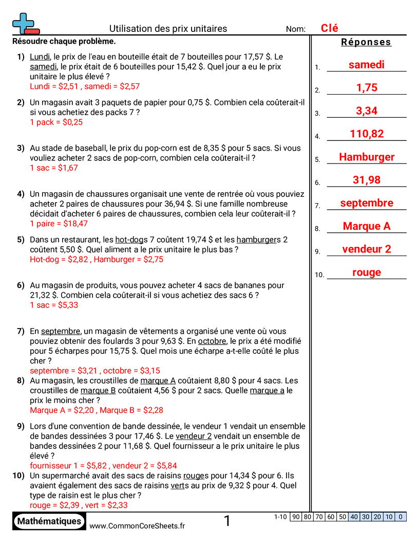 Fiches d'Exercices sur les Ratios - Utiliser des prix unitaires worksheet
