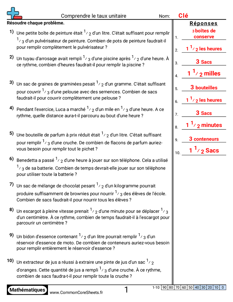 Fiches d'Exercices sur les Ratios - Comprendre le taux unitaire worksheet