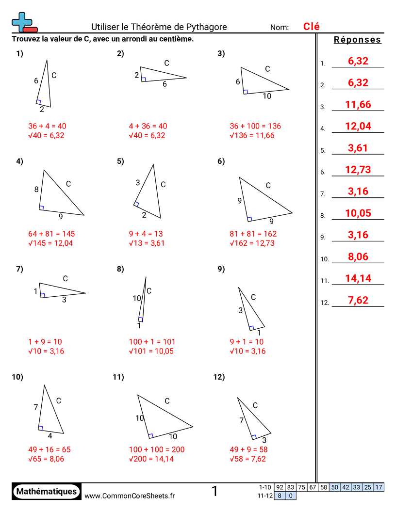 Fiches d'Exercices d'Algèbre - Utiliser le théorème de Pythagore worksheet
