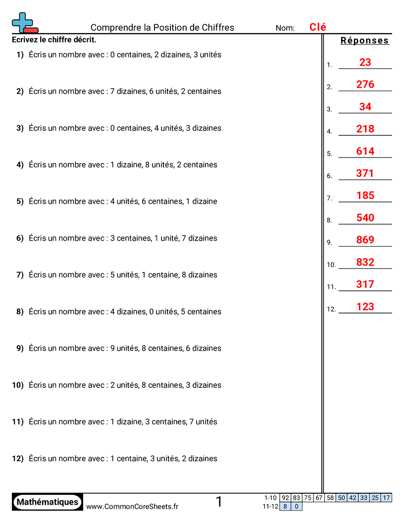 Fiches d'Exercices sur le placement de virgule d'un nombre décimal - comprendre-les-positions-3-chiffres worksheet